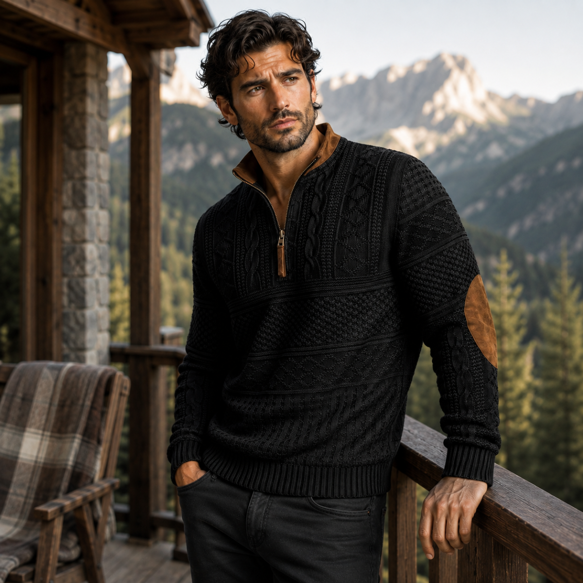 The Siena Men’s Casual Patterned Half Zip Sweater with Elbow Patches