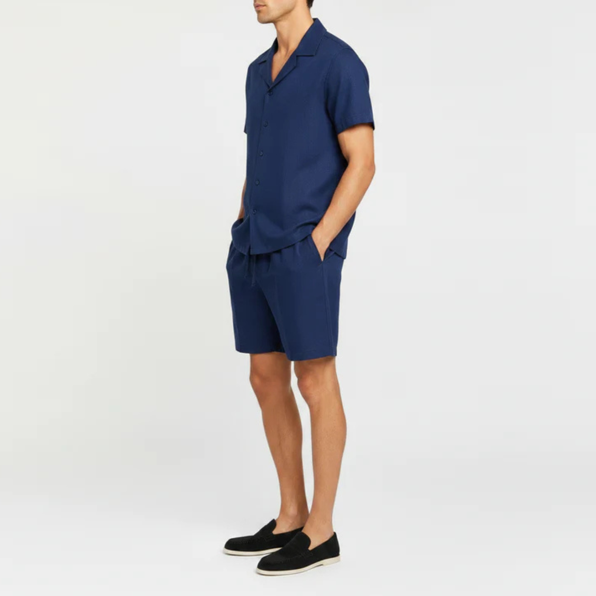 The Greenville Men's Linen Collar Shirt & Drawstring Shorts Set - Navy Blue