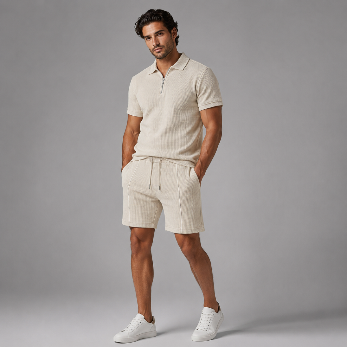 The Alba Men's Textured Zip Polo Shirt and Shorts Set