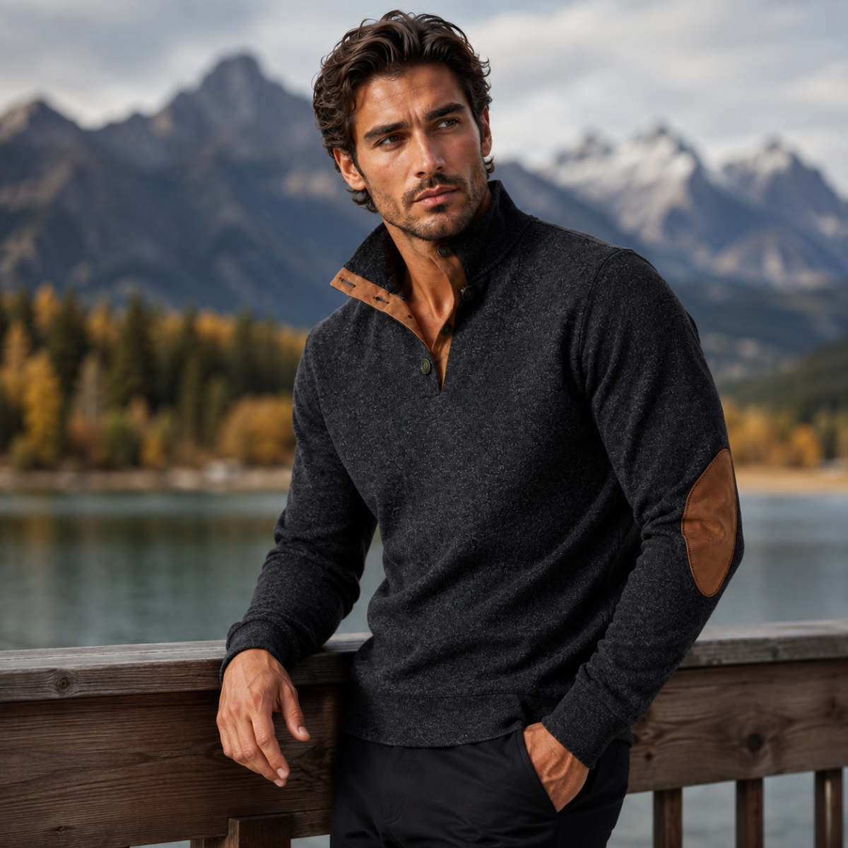 The Oakcrest Men's Stand Collar Fleece Jumper with Suede Elbow Patches