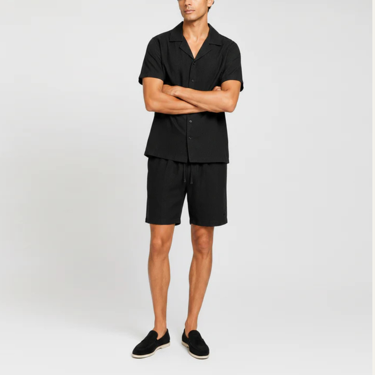 The Jacksonville Men's Linen Collar Shirt & Drawstring Shorts Set - Black
