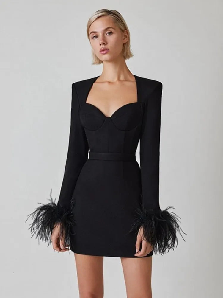 Women's Fitted Mini Dress with Feathered Cuffs