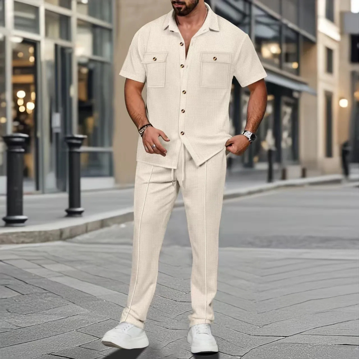 The Saint Germain Men’s Short Sleeve Button Up Shirt with Trousers Casual Summer Set