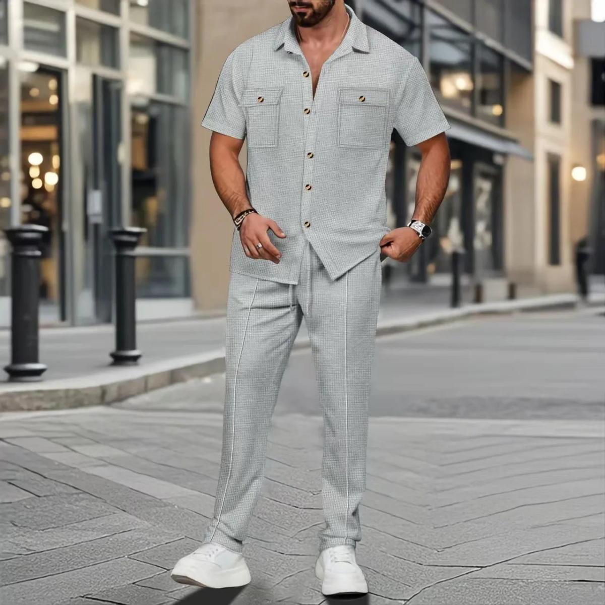 The Saint Germain Men’s Short Sleeve Button Up Shirt with Trousers Casual Summer Set