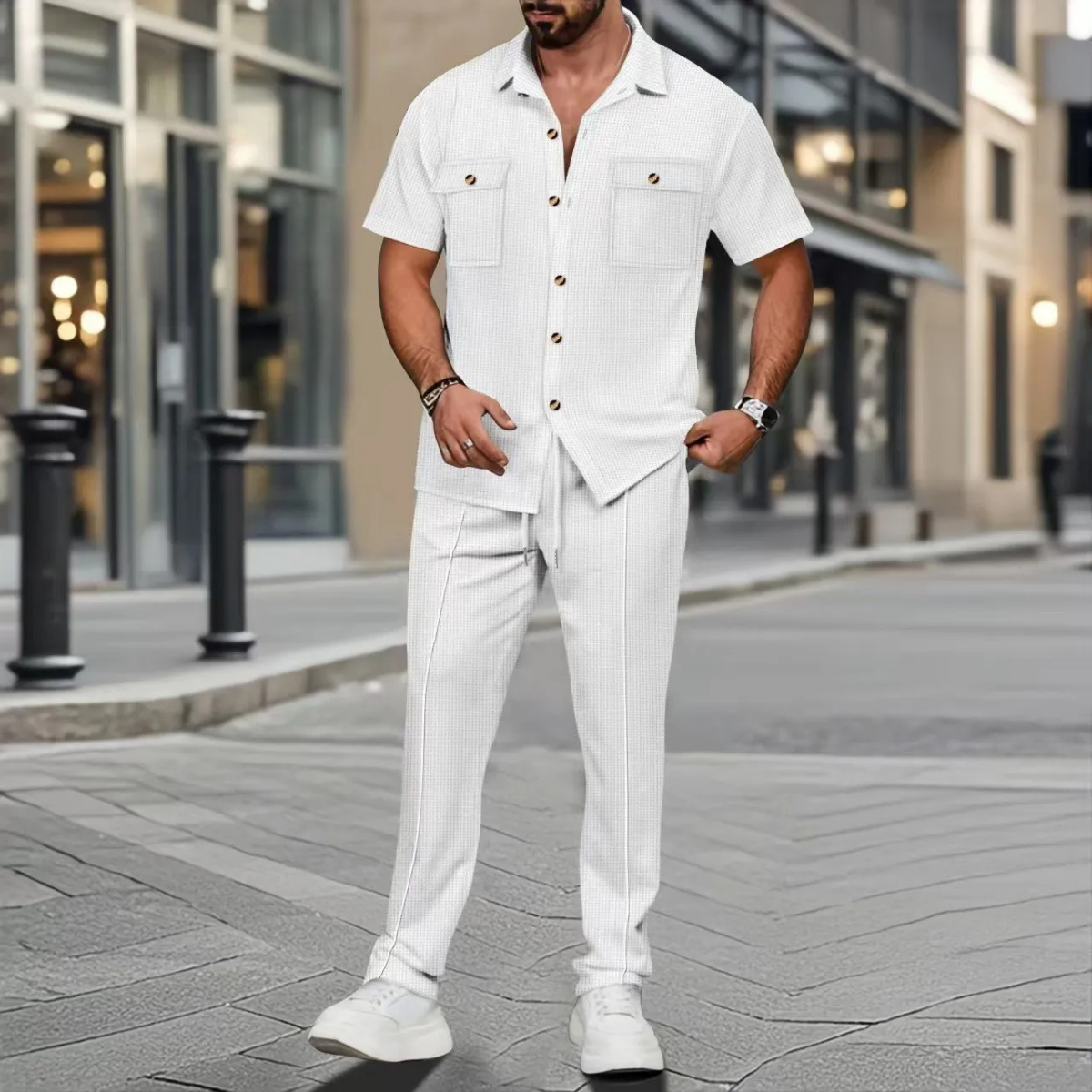 The Bastille Men’s Short Sleeve Button Up Shirt with Trousers Casual Beach Set