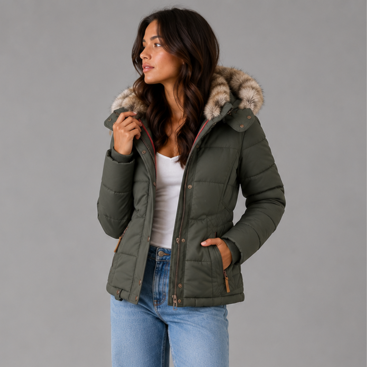Women's Quilted Winter Coat | Long Jacket with Detachable Fur Hood