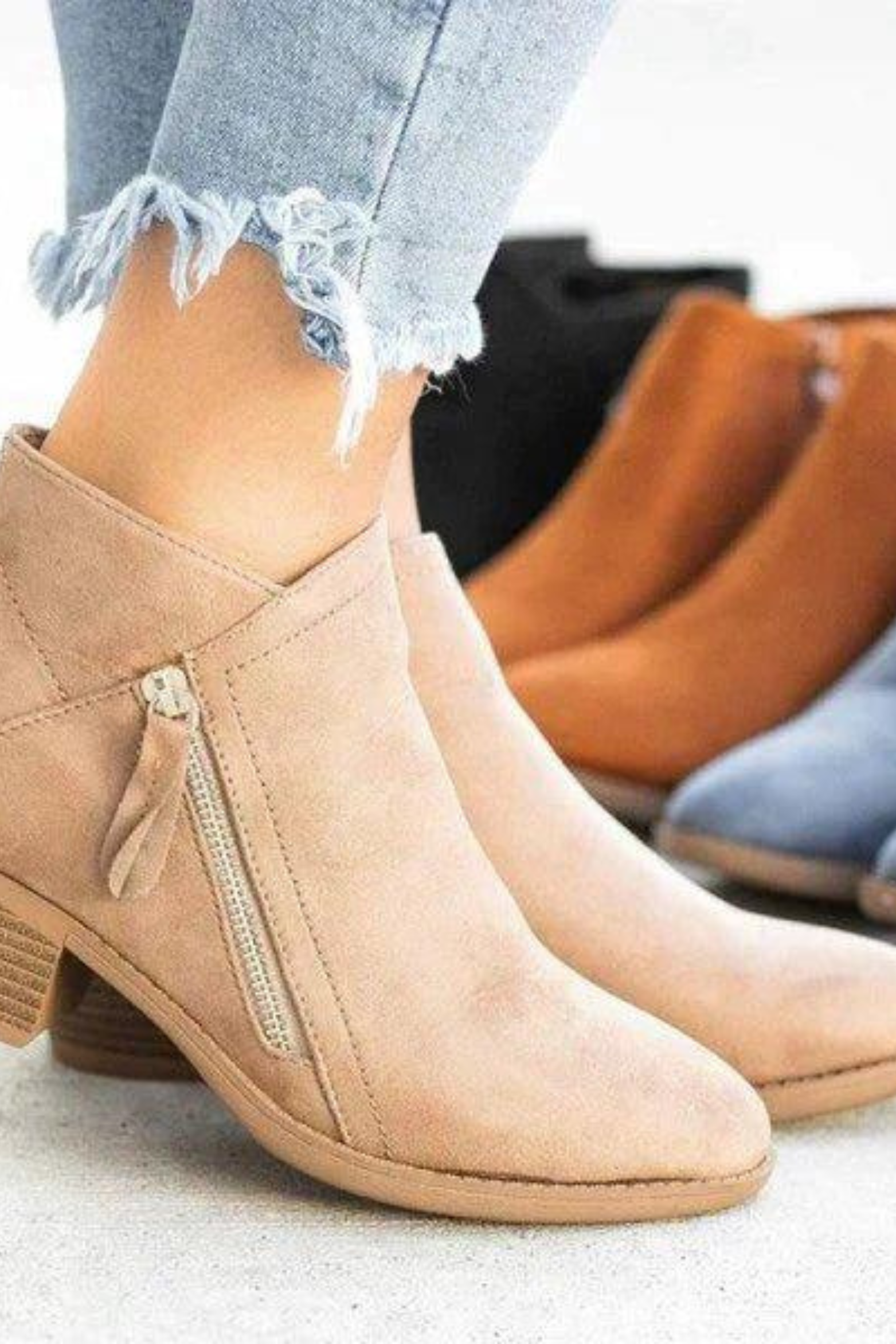 Women's Western Ankle Boots with Side Zipper Block Heel
