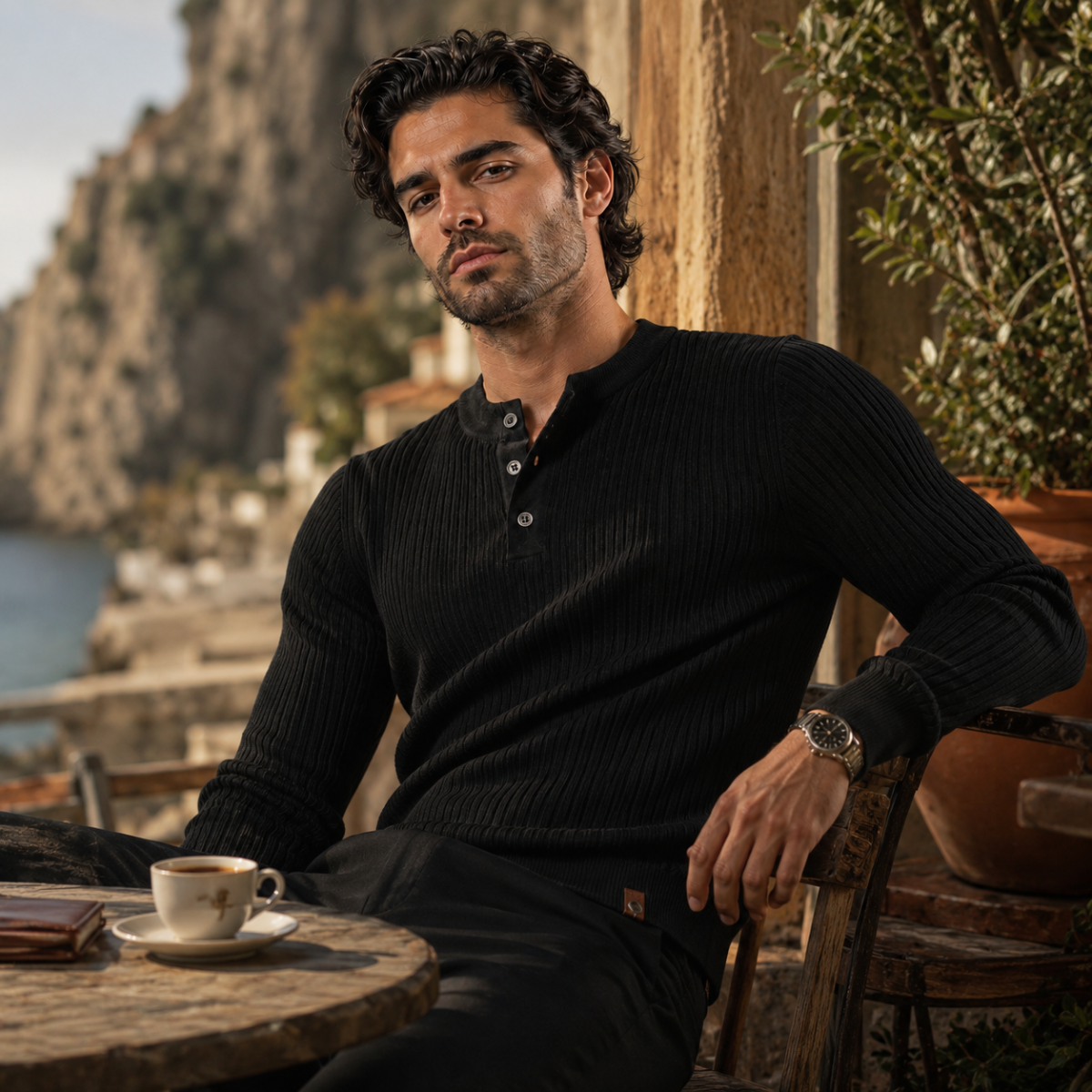 The Taormina Men's Ribbed Henley Knit Jumper