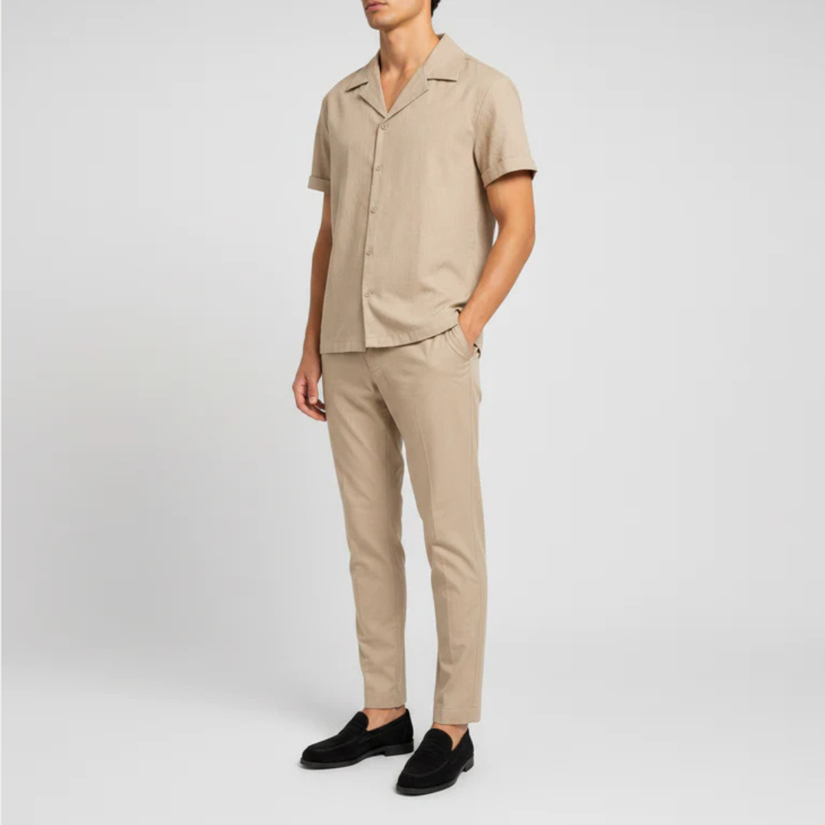 The Asheville Men's Linen Collar Shirt & Tailored Trousers Set - Beige