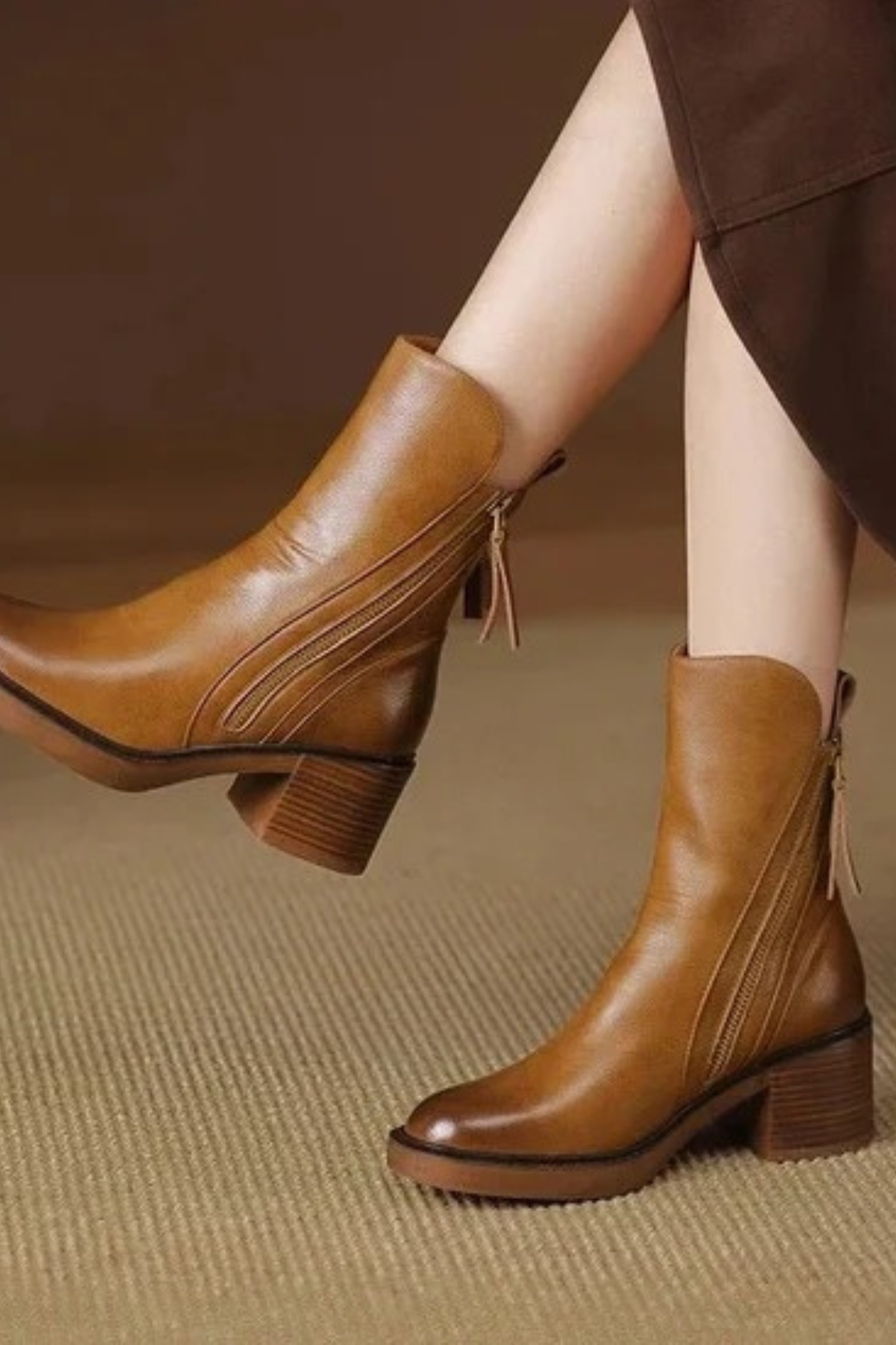 Women's Ankle Boots with Side Zipper Block Heel