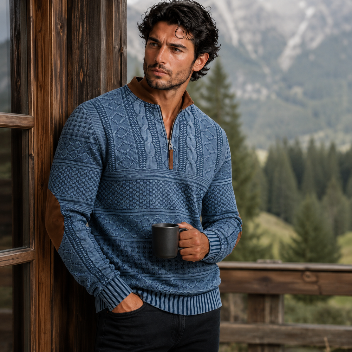 The Siena Men’s Casual Patterned Half Zip Sweater with Elbow Patches