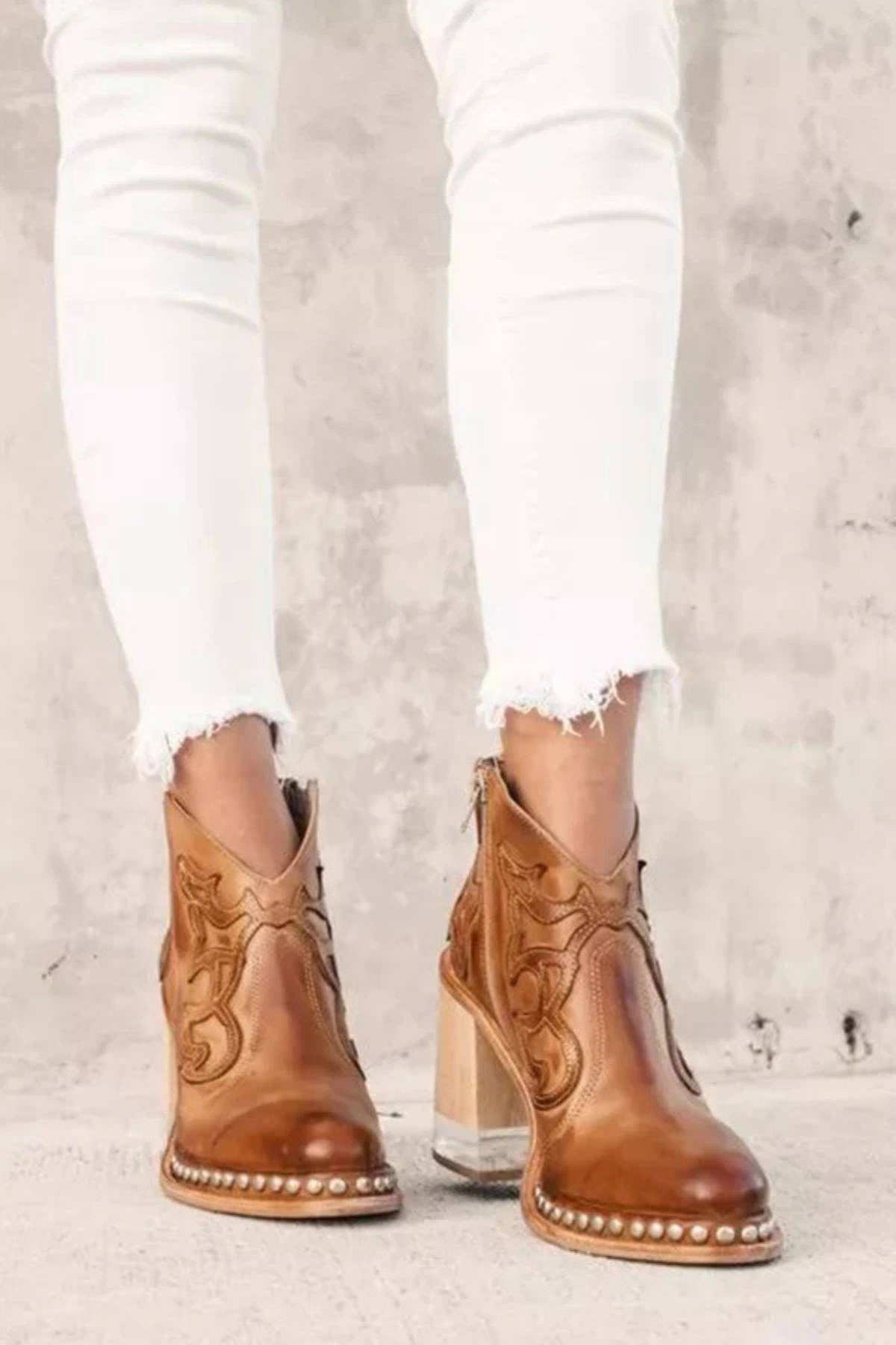 Women's Western Cowboy Ankle Boots with Embroidered Block Heel