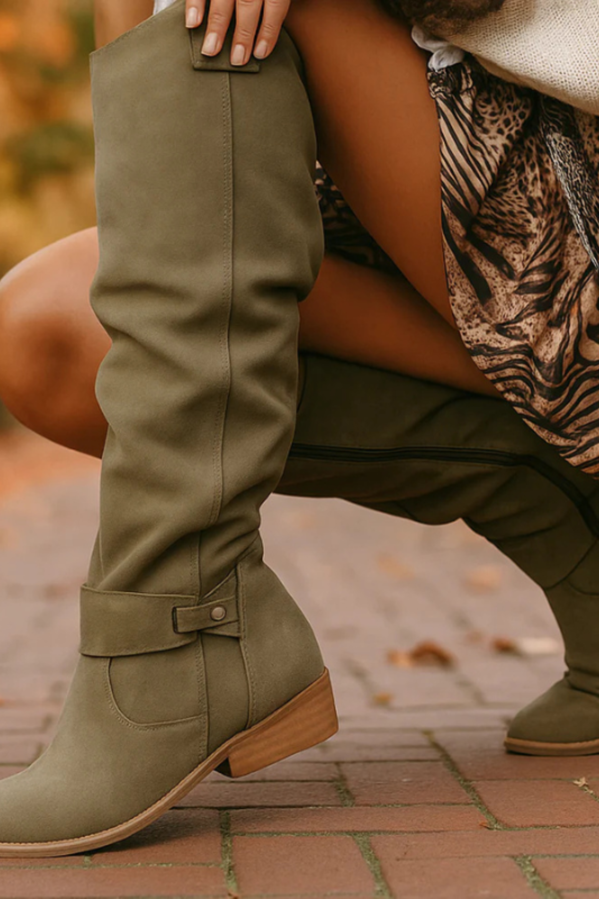 Women's Slouchy Knee High Riding Boots with Buckle Low Heel