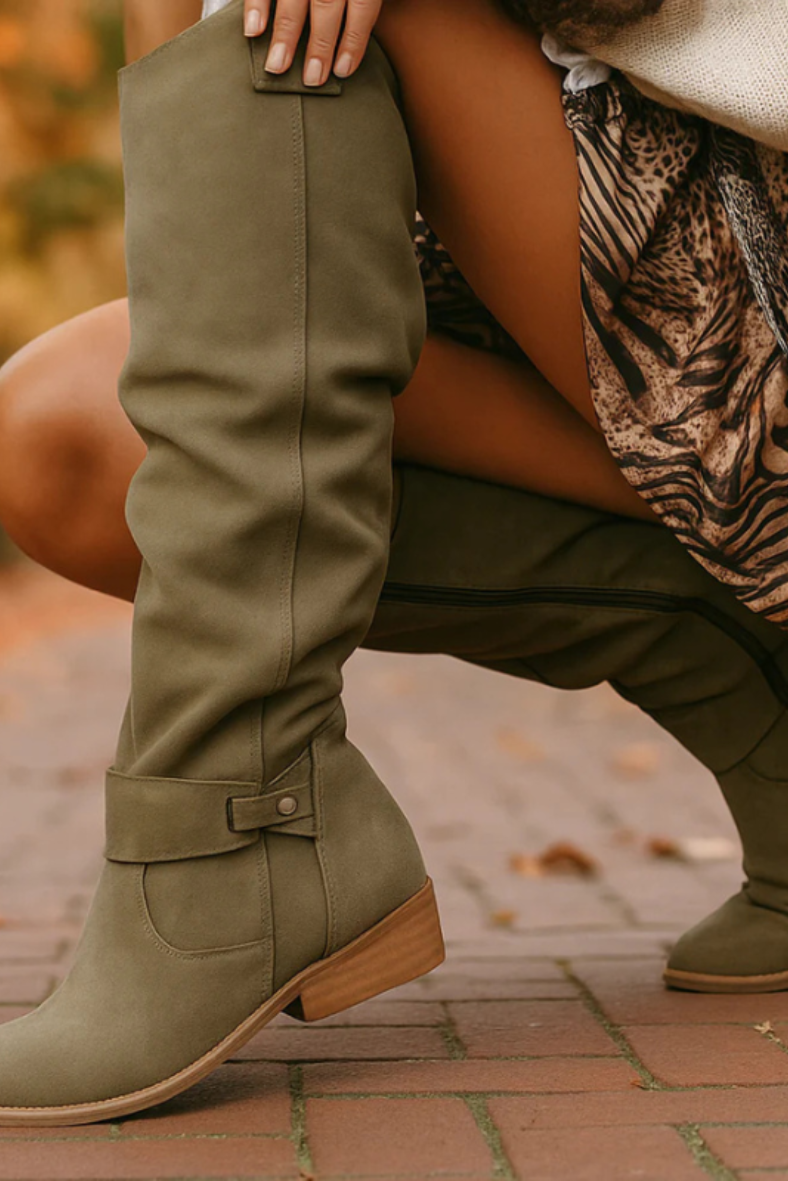 Women's Slouchy Knee High Riding Boots with Buckle Low Heel