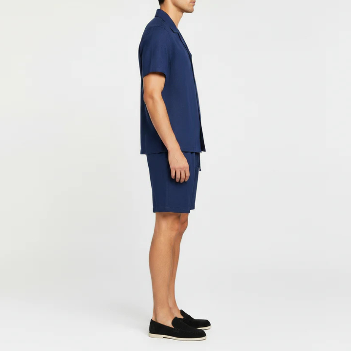 The Greenville Men's Linen Collar Shirt & Drawstring Shorts Set - Navy Blue