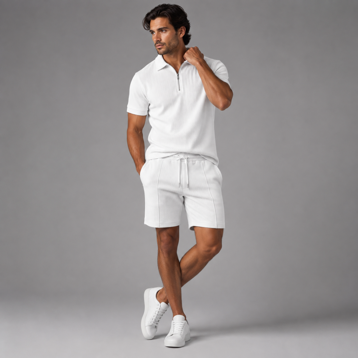 The Alba Men's Textured Zip Polo Shirt and Shorts Set