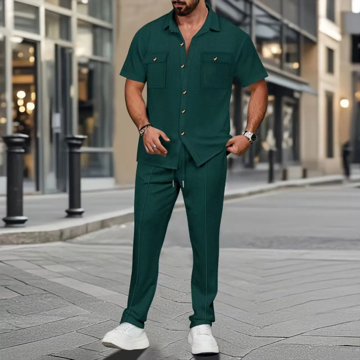 The Bastille Men’s Short Sleeve Button Up Shirt with Trousers Casual Beach Set