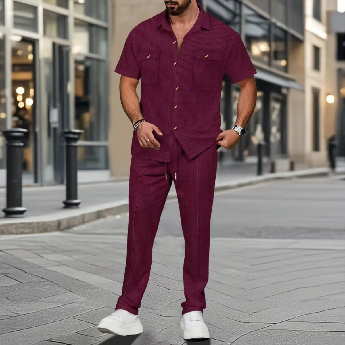 The Bastille Men’s Short Sleeve Button Up Shirt with Trousers Casual Beach Set