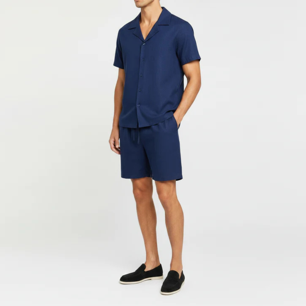 The Greenville Men's Linen Collar Shirt & Drawstring Shorts Set - Navy Blue