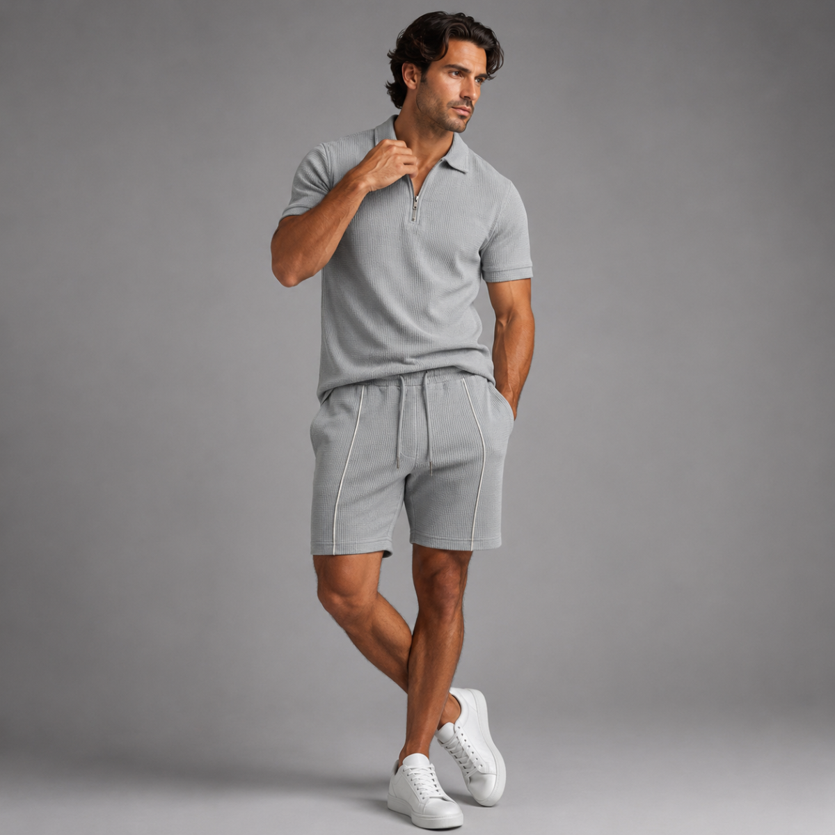 The Alba Men's Textured Zip Polo Shirt and Shorts Set