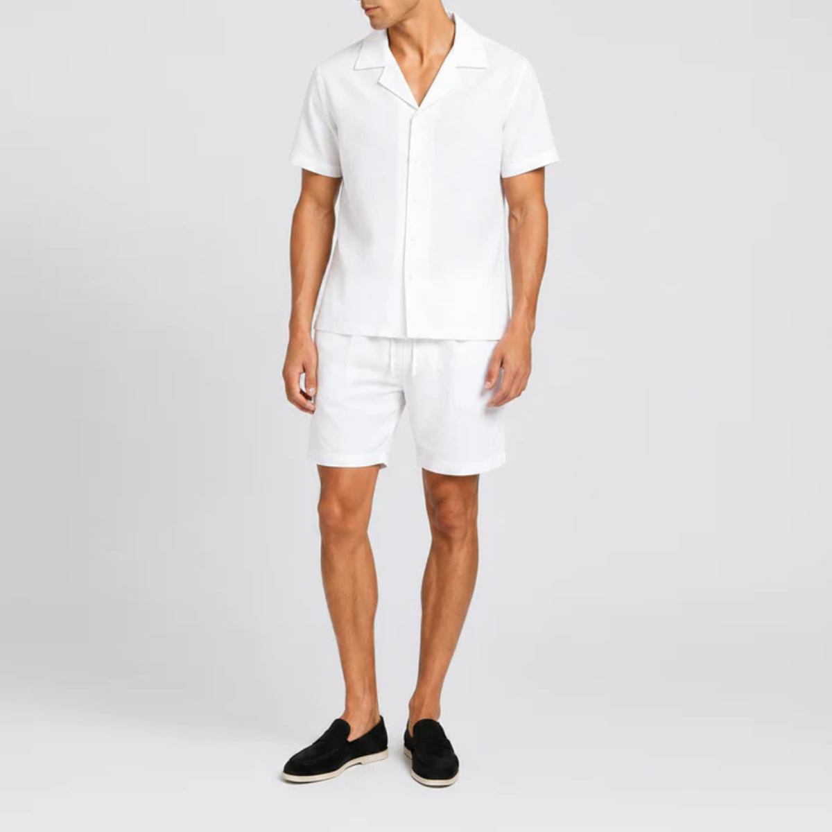 The Orlando Men's Linen Collar Shirt & Drawstring Shorts Set - White