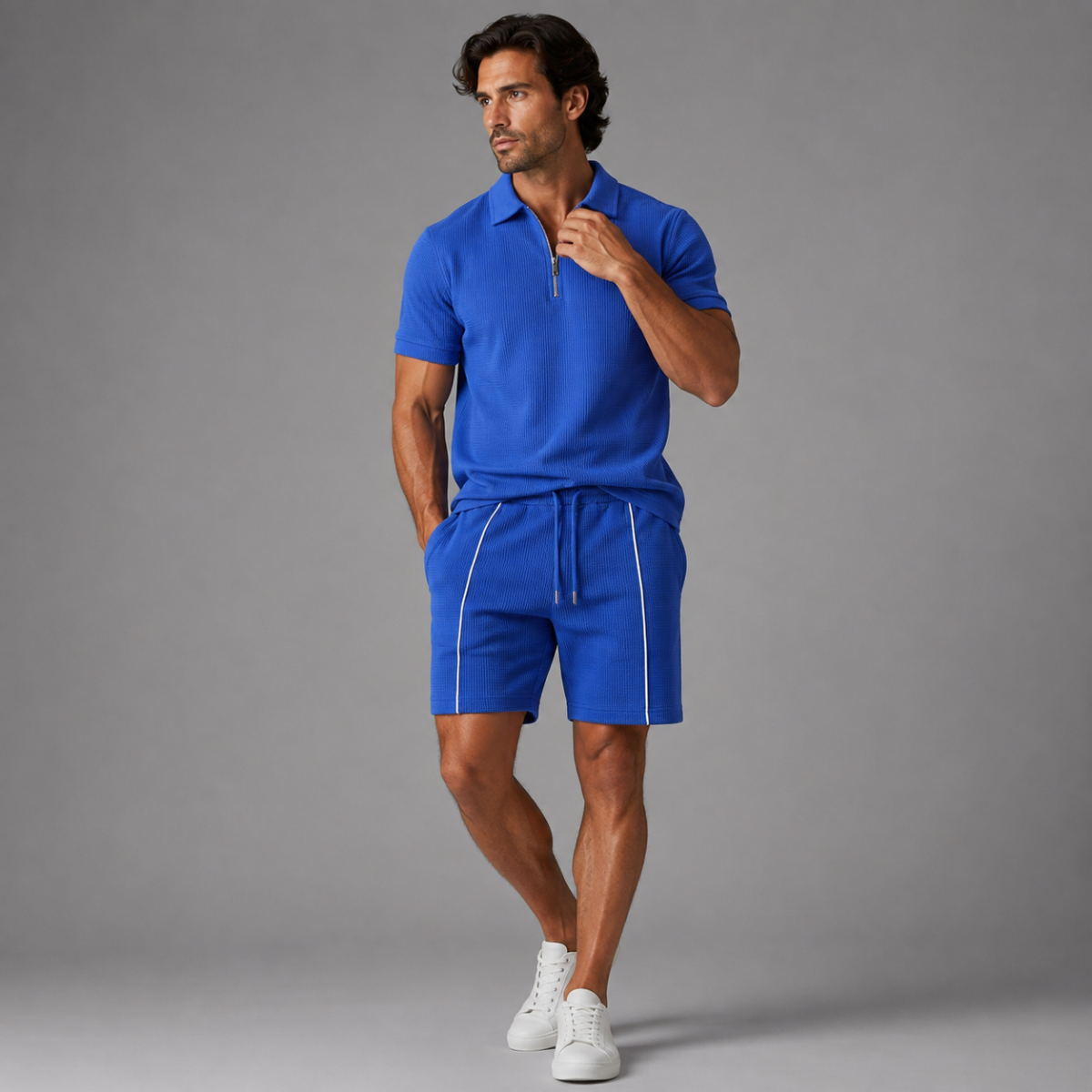 The Alba Men's Textured Zip Polo Shirt and Shorts Set