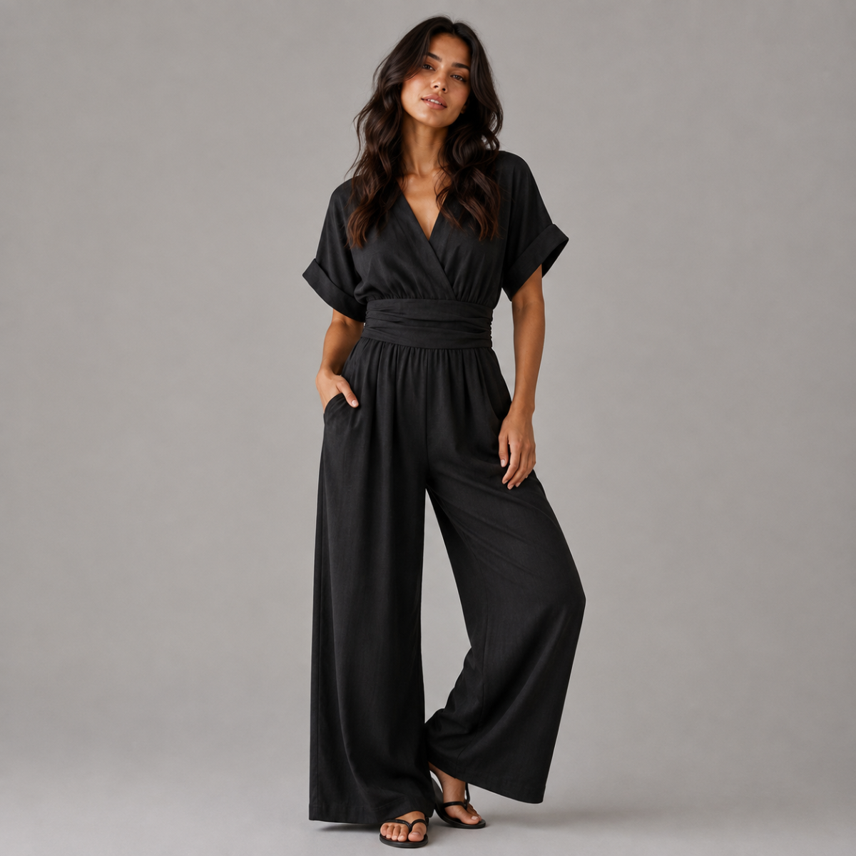 Elegant V Neck Wide Leg Jumpsuit