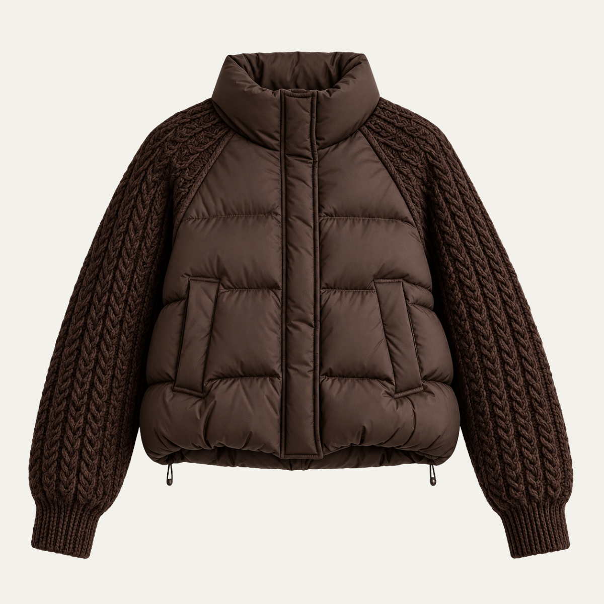 Women's Puffer Jacket – Padded Coat with Cable Knit Sleeves