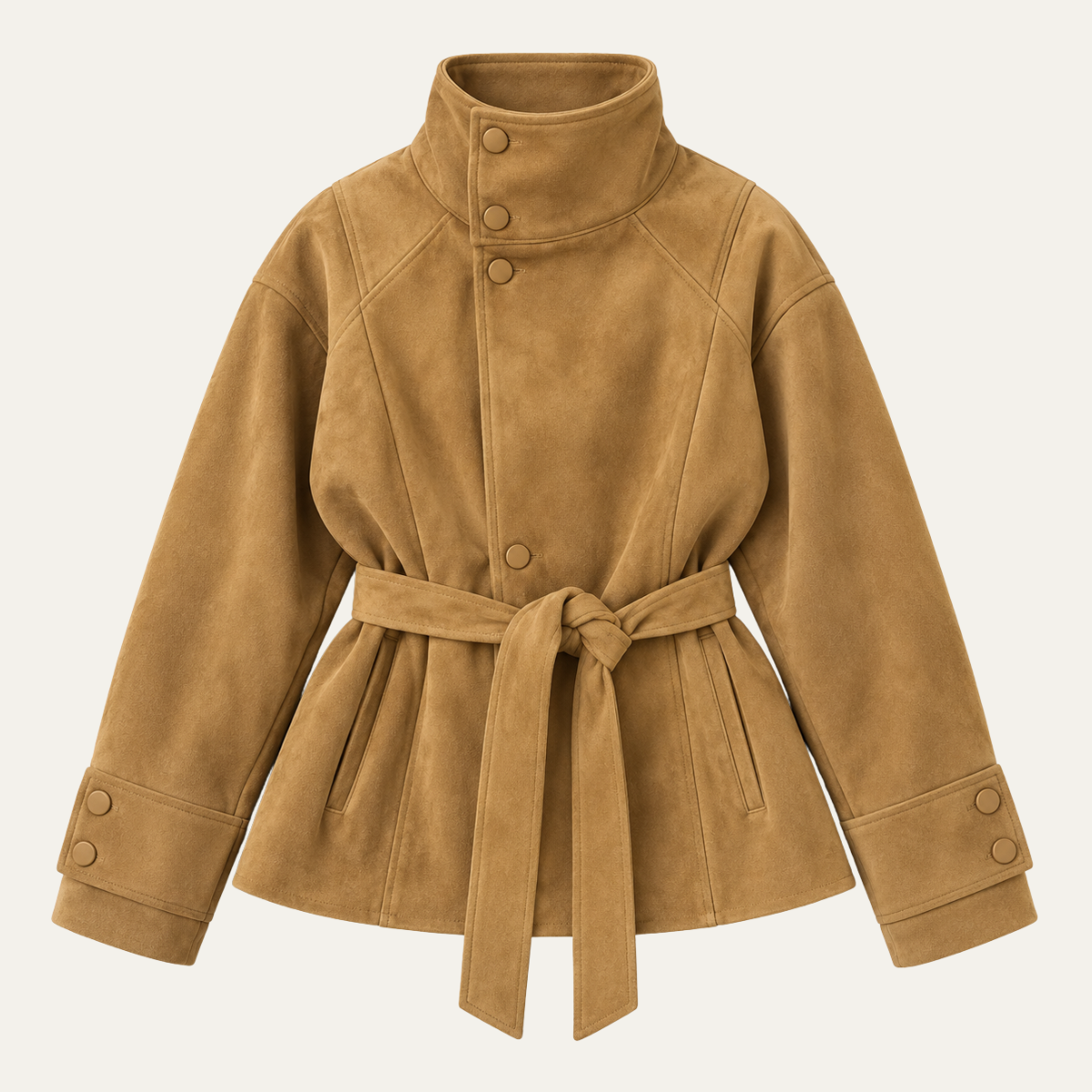Women's Suede Jacket – Belted High Collar Khaki Jacket