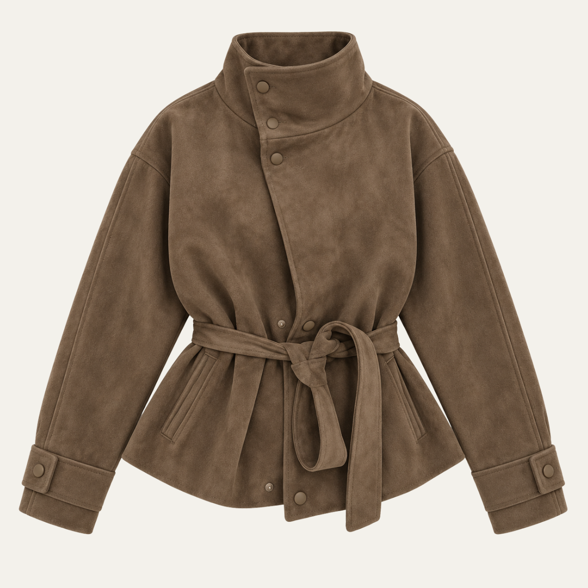 Women's Suede Jacket – Belted High Collar Brown Jacket