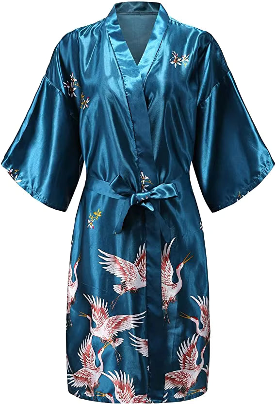 Women's Satin Dressing Gown – Floral Print Robe with Belt