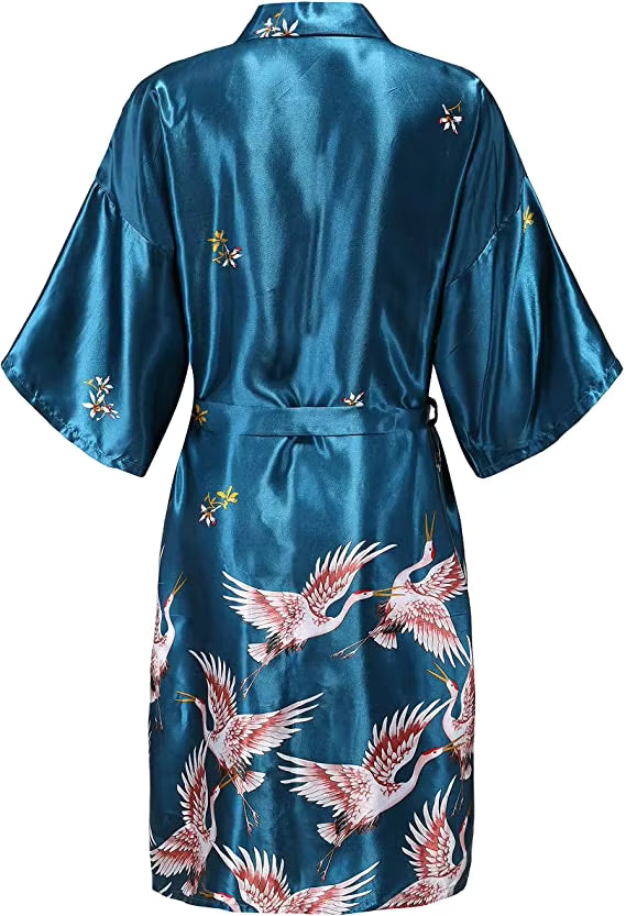 Women's Satin Dressing Gown – Floral Print Robe with Belt