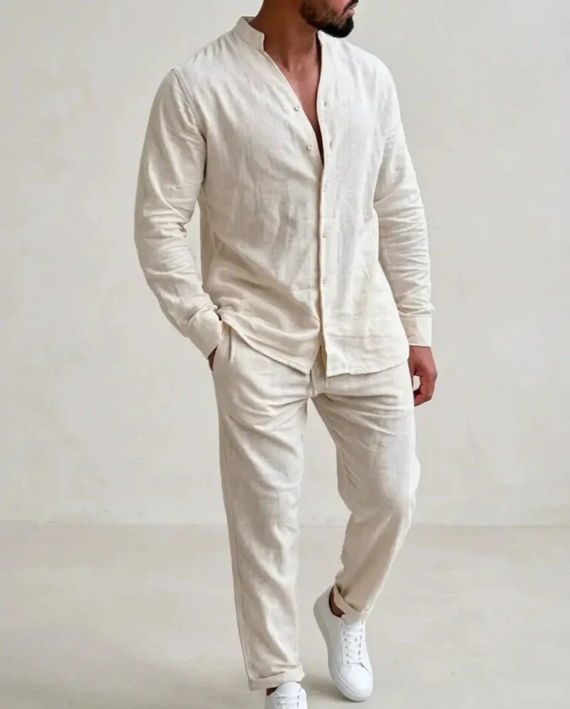 The Monferrato Men's Stand Collar Linen Shirt and Trouser Set