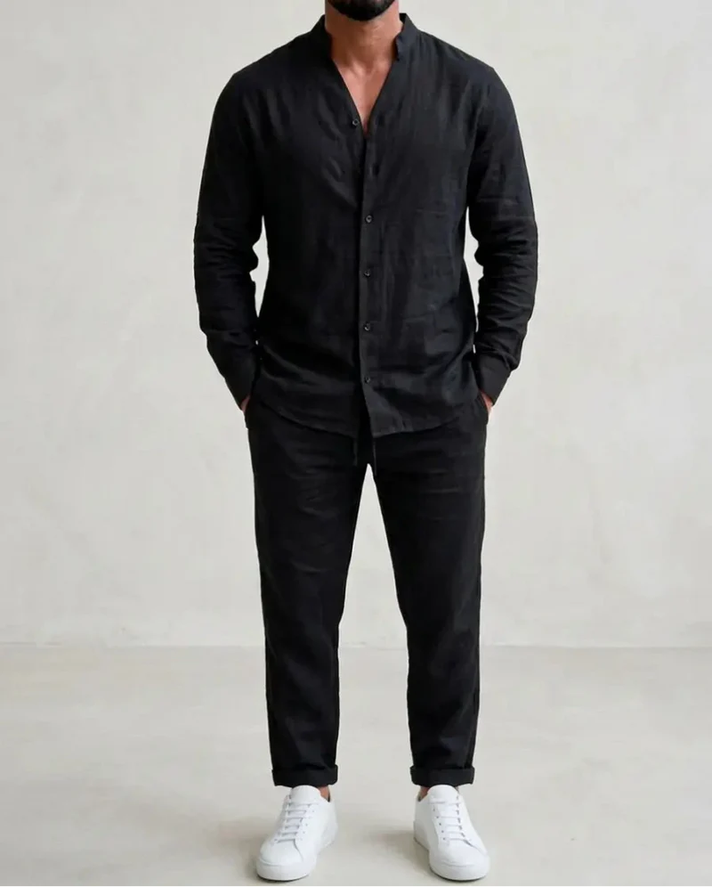 The Monferrato Men's Stand Collar Linen Shirt and Trouser Set
