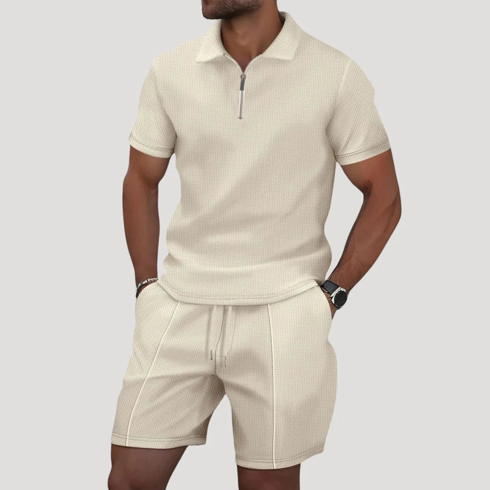 The Alba Men's Textured Zip Polo Shirt and Shorts Set