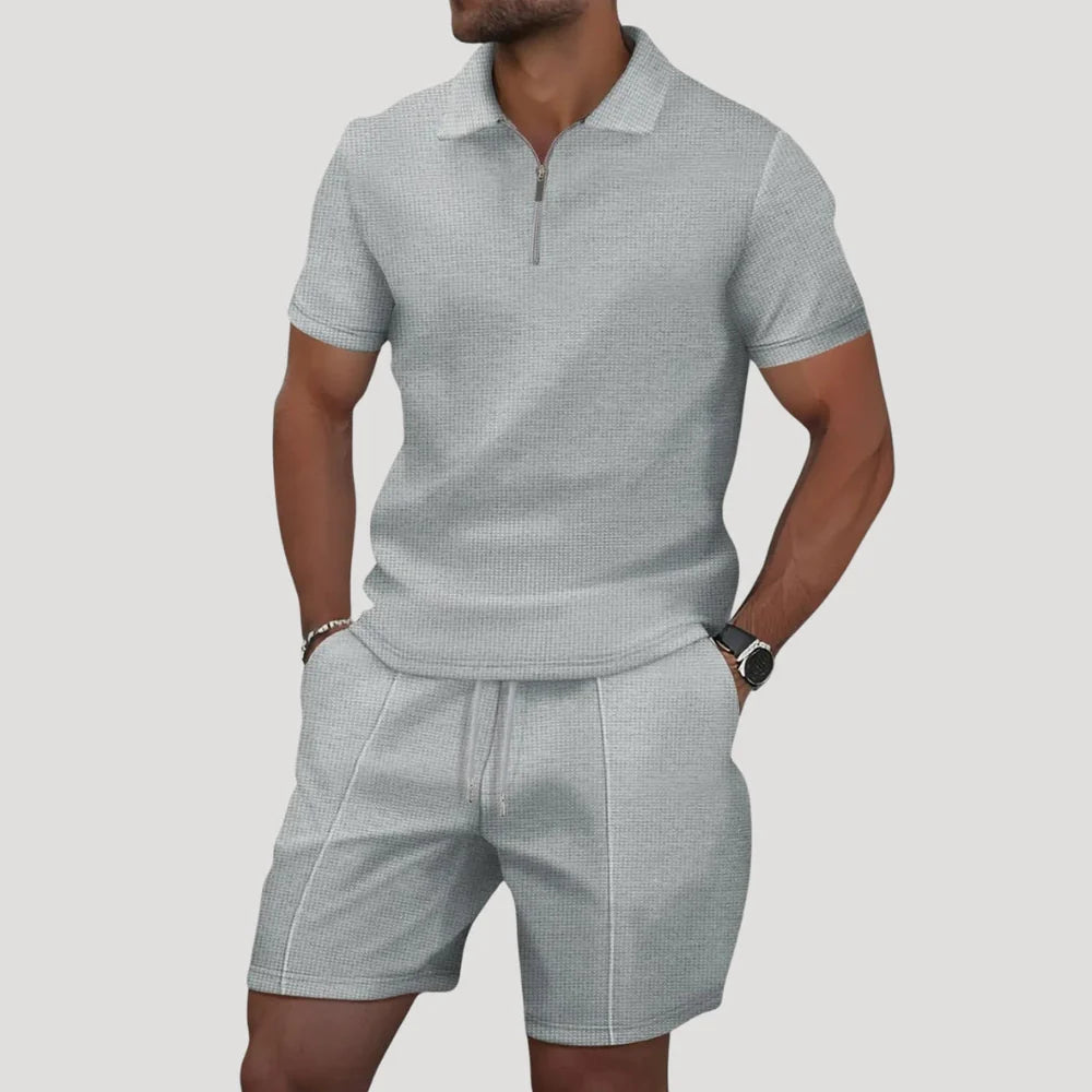 The Alba Men's Textured Zip Polo Shirt and Shorts Set