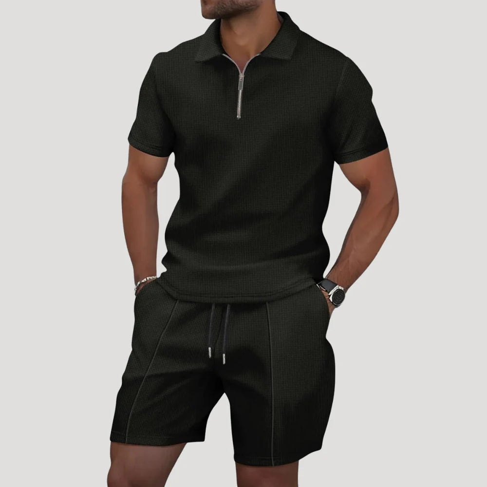 The Alba Men's Textured Zip Polo Shirt and Shorts Set