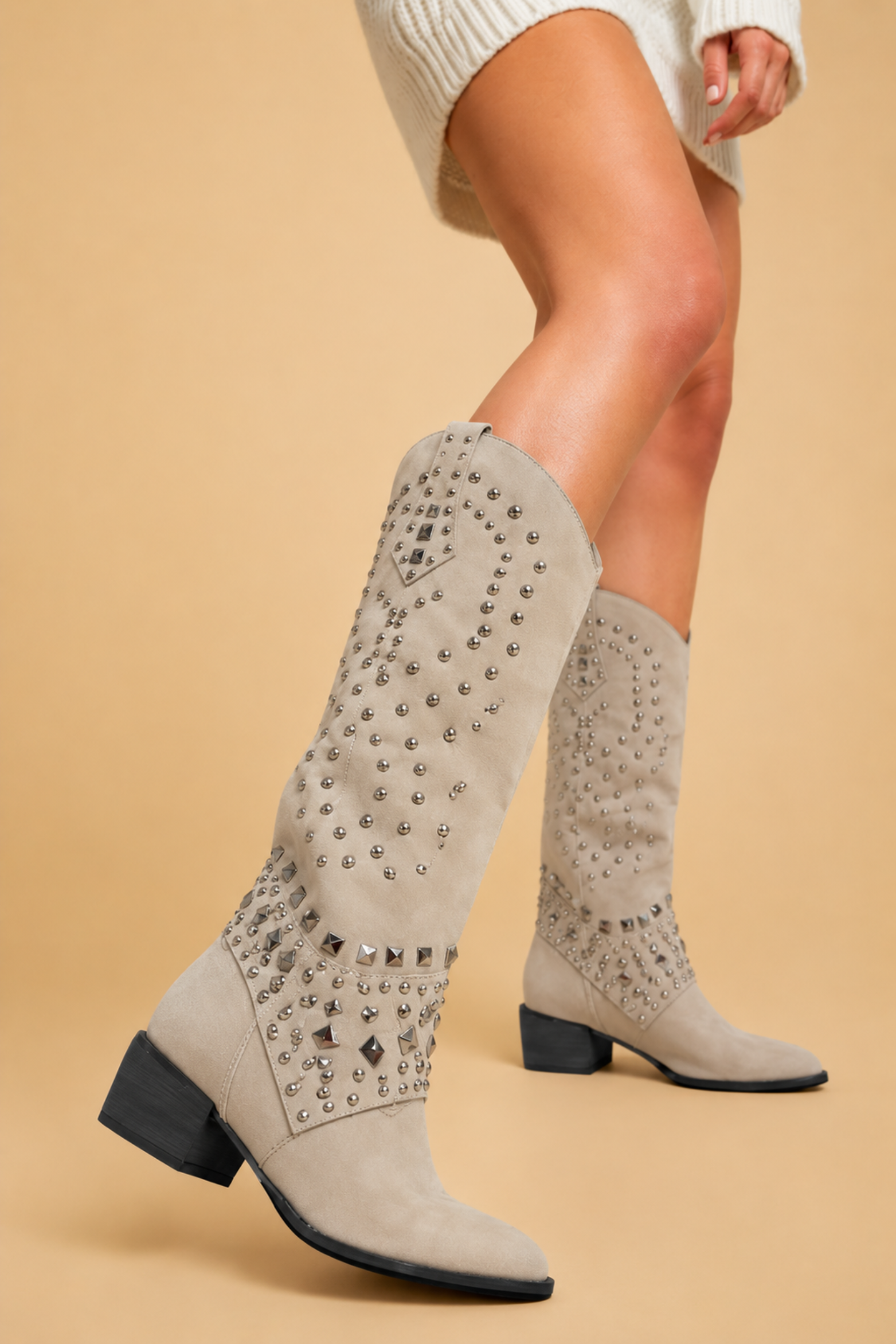 Women's Rhinestone Knee High Cowboy Boots with Pointed Toe Design