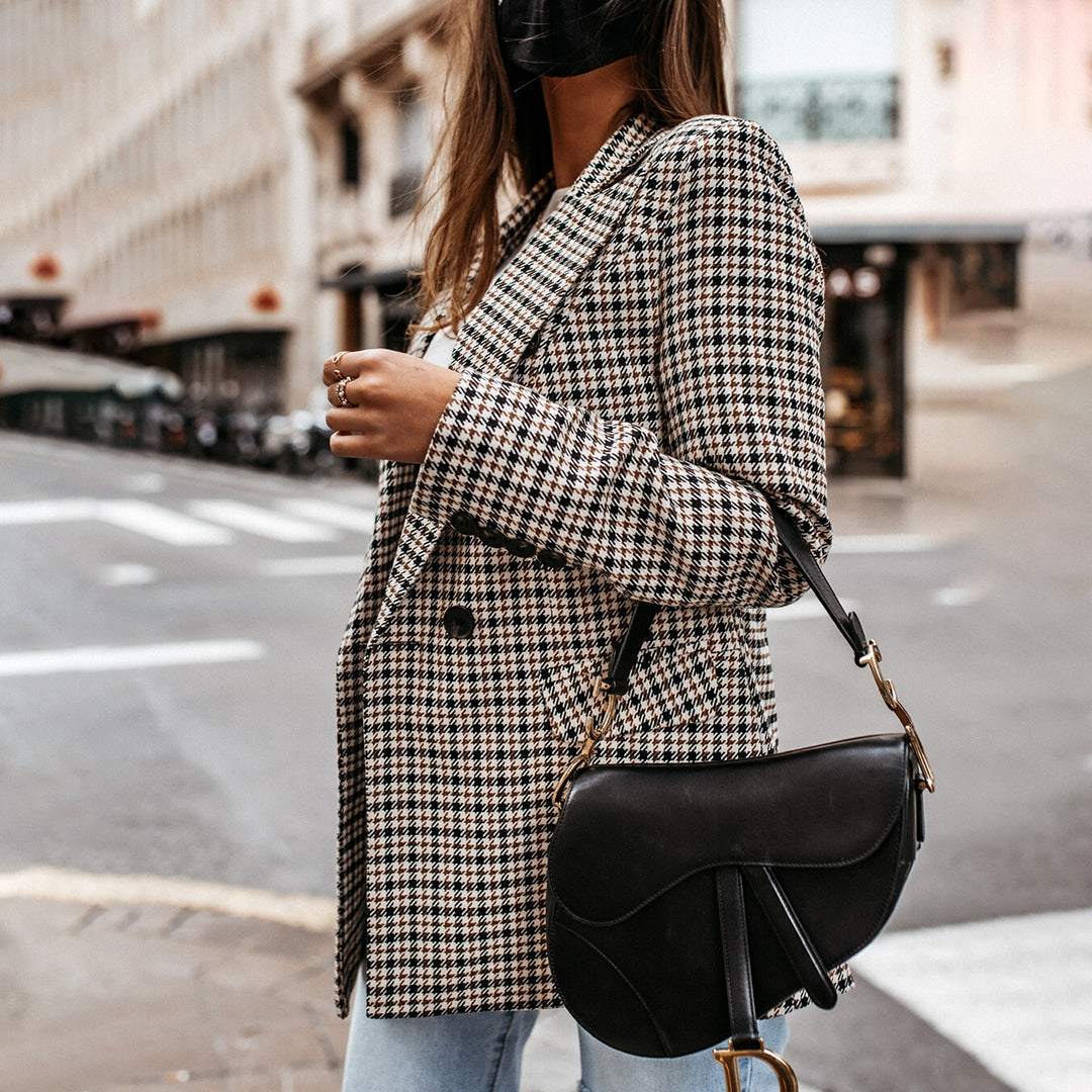 Women's Check Blazer with Double Row Buttons