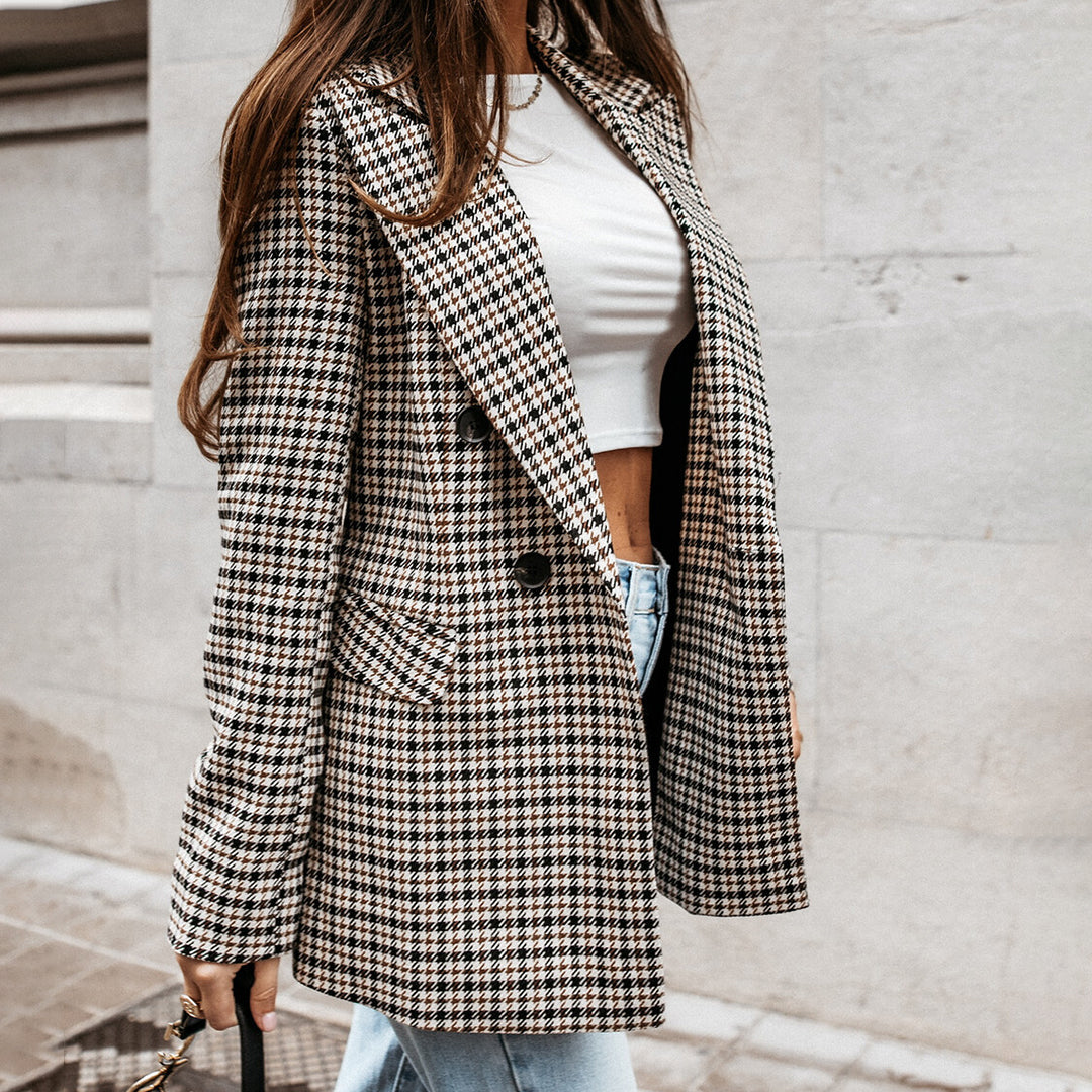 Women's Check Blazer with Double Row Buttons