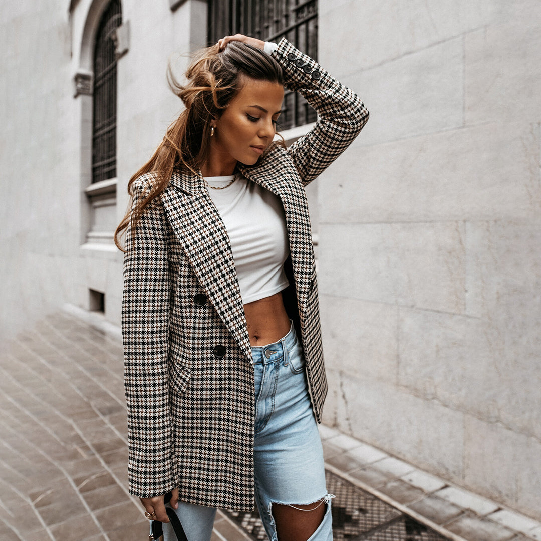 Women's Check Blazer with Double Row Buttons