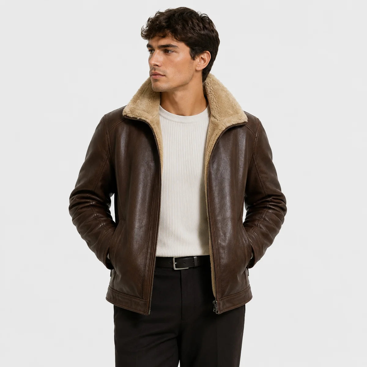The Napa Valley Men’s Shearling Collar Zip Jacket - Brown