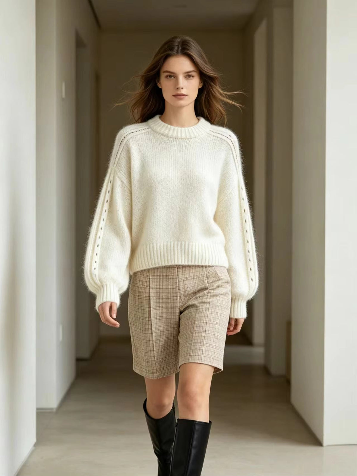 Women's Knitted Jumper – Crew Neck Lantern Sleeve