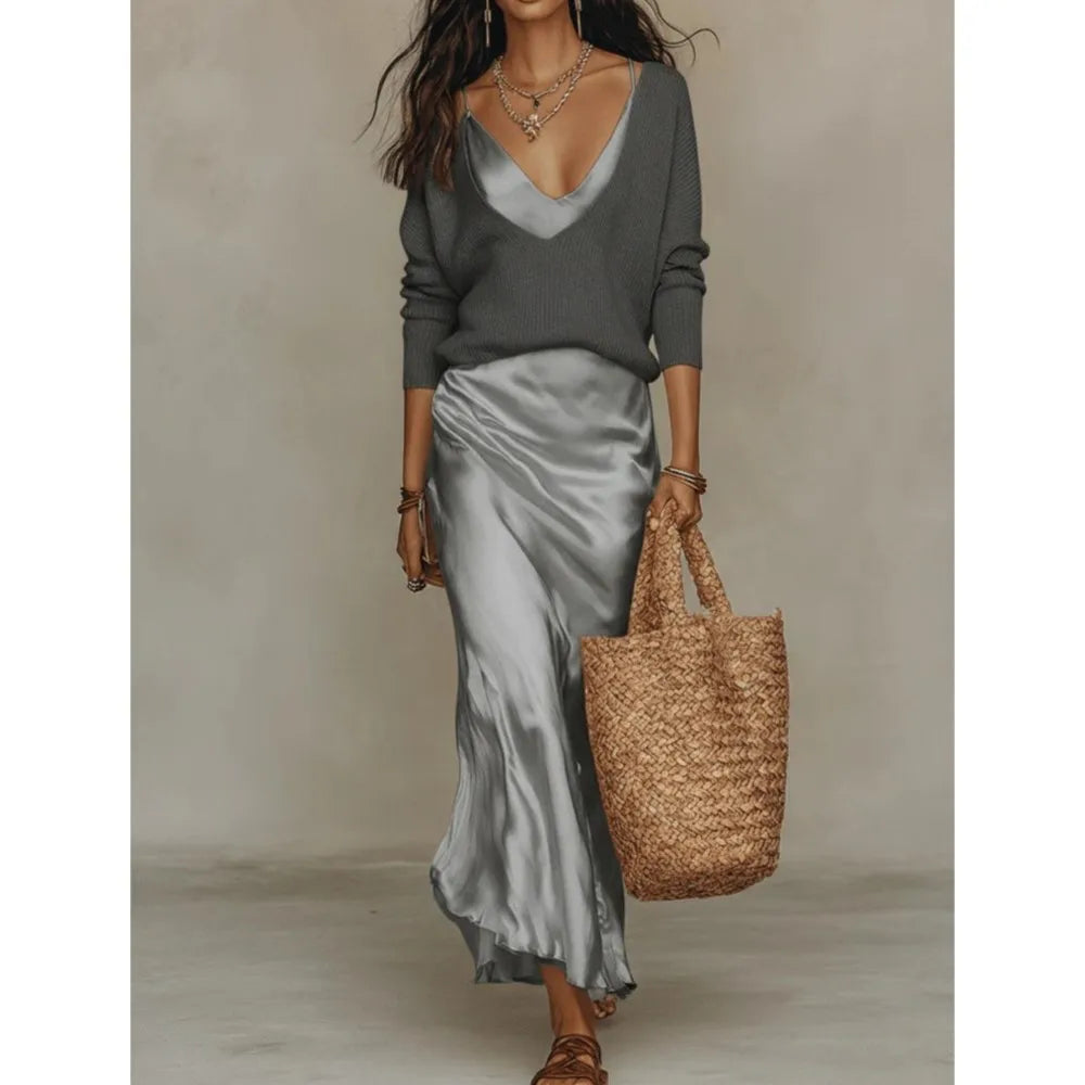 Women's Satin and Knit Two Piece