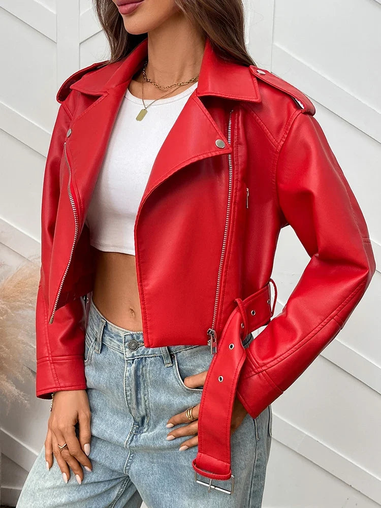 Women's Faux Leather Biker with Belt