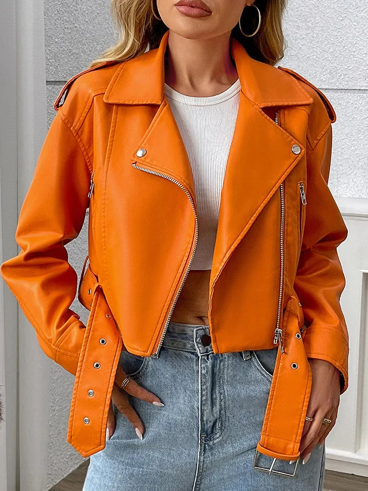 Women's Faux Leather Biker with Belt