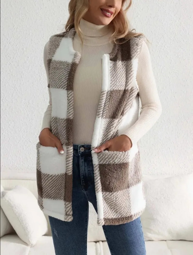 Women's Sleeveless Check Cardigan