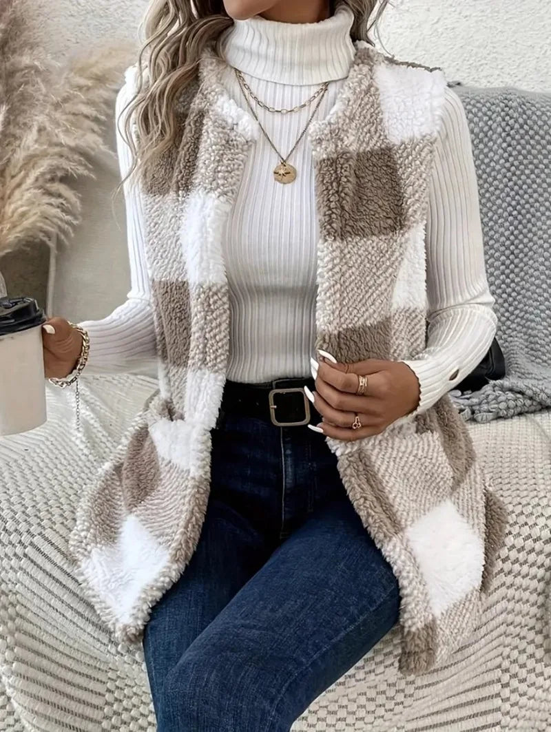 Women's Sleeveless Check Cardigan