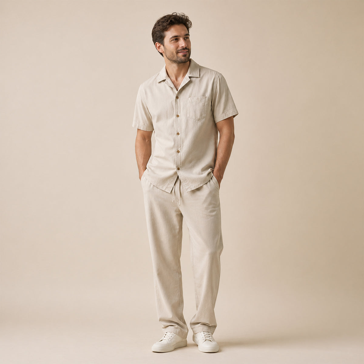The Morzine Men’s 2 Piece Casual Button Down Set – Linen Shirt and Trousers