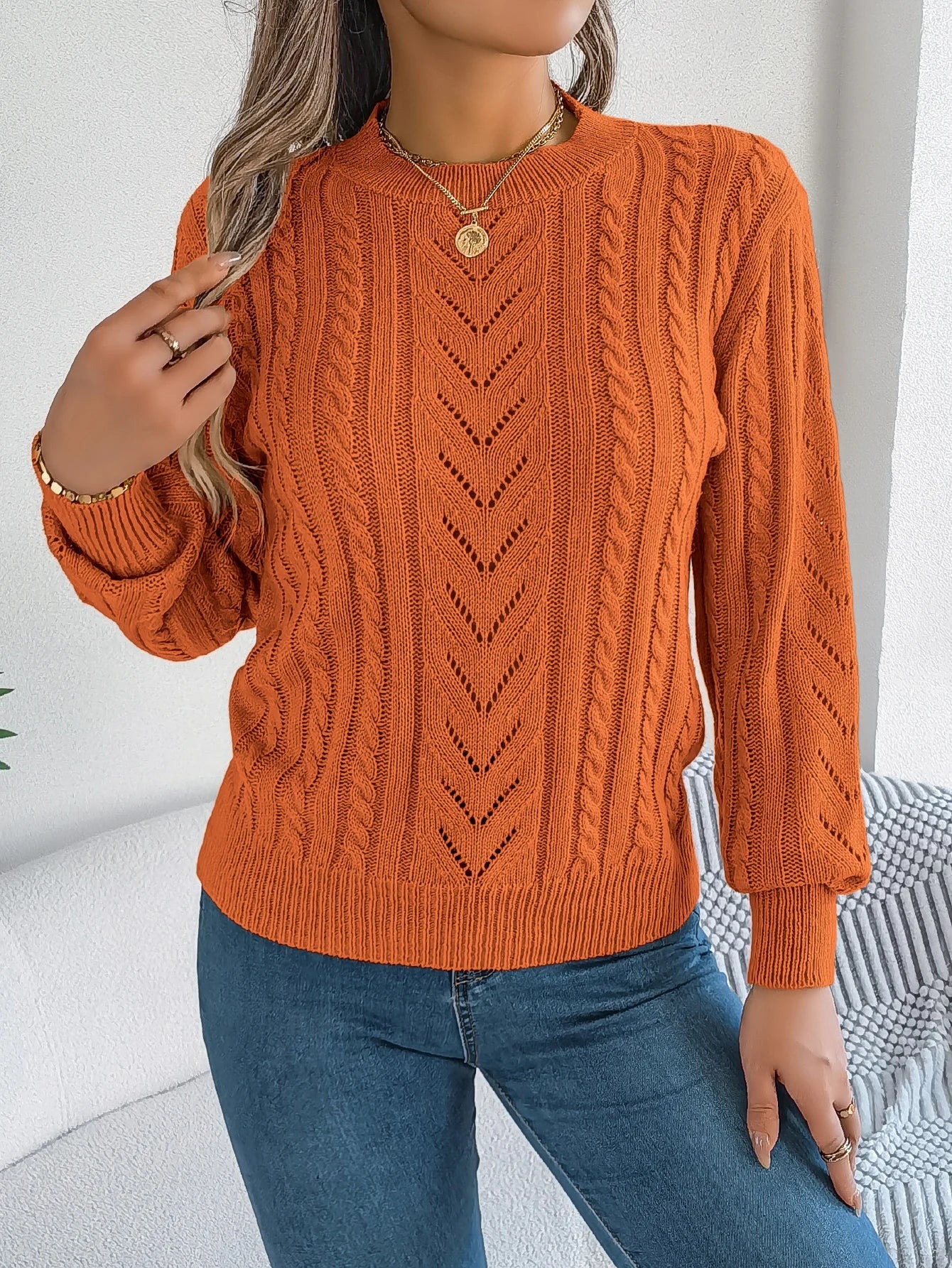 Women's Open Knit Round Neck Top